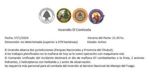 El último comunicado del Parque Nacional Los Alerces habla de unas 579 hectáreas afectadas por el Incendio El Centinela.